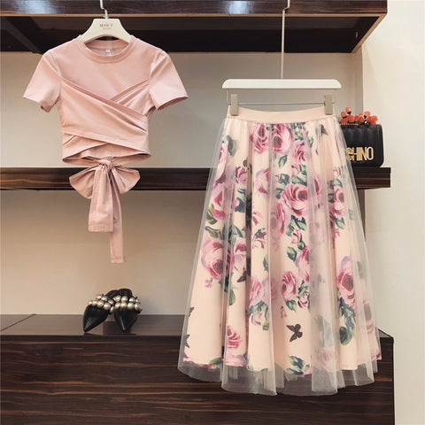 Bowknot Solid Tops + Vintage Floral Skirt