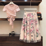Bowknot Solid Tops + Vintage Floral Skirt